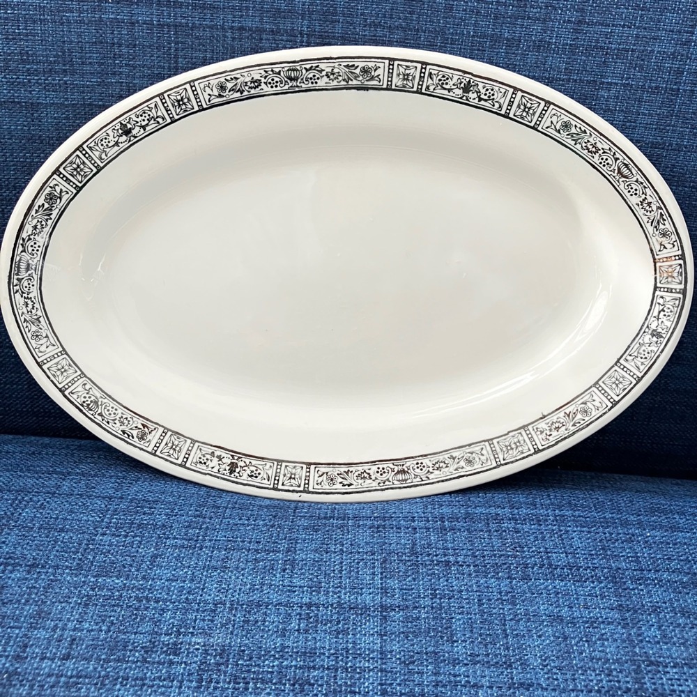 Jackson Vitrified China Oval Platter Raleigh 10.5" White Black Vintage Platter
